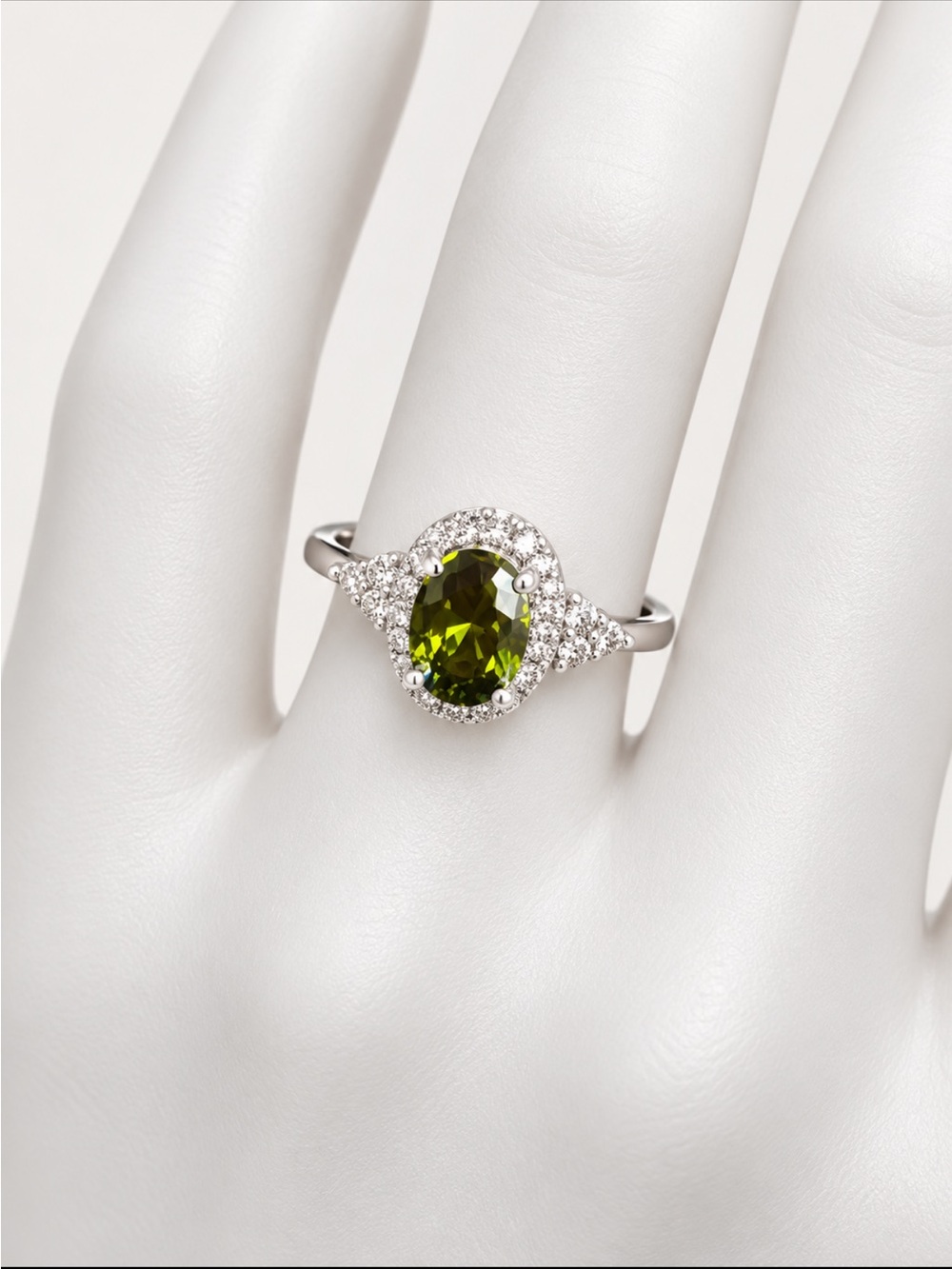 Sterling Silver Olive Green Oval Halo Ring